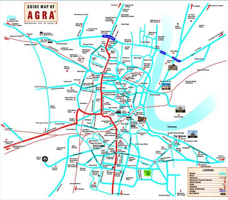 Подробная карта Агры на русском языке с отмеченными достопримечательностями города. Агра со спутника