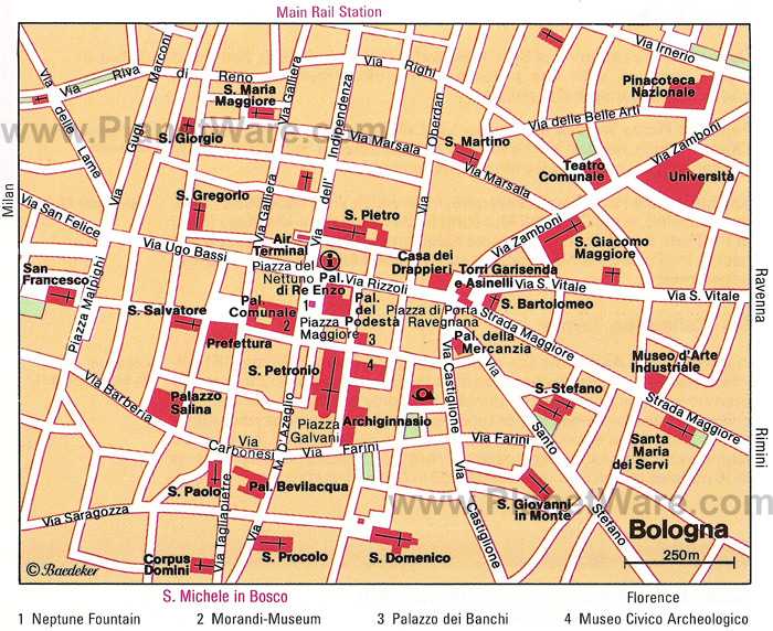 Подробная карта Болоньи на русском языке с отмеченными достопримечательностями города. Болонья со спутника