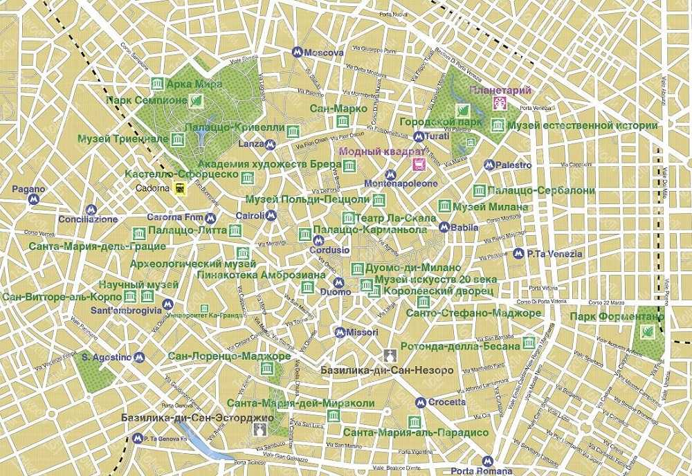 Подробная карта Милана на русском языке с отмеченными достопримечательностями города. Милан со спутника