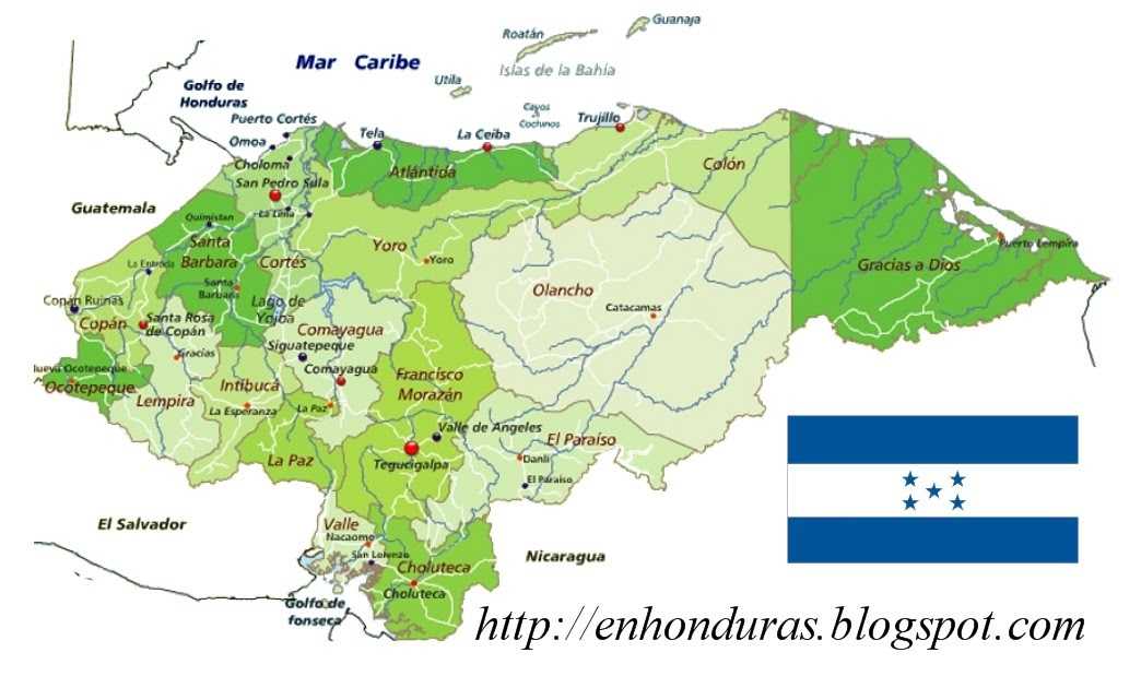 Подробная карта Гондураса с отмеченными городами и достопримечательностями страны. Географическая карта. Гондурас со спутника