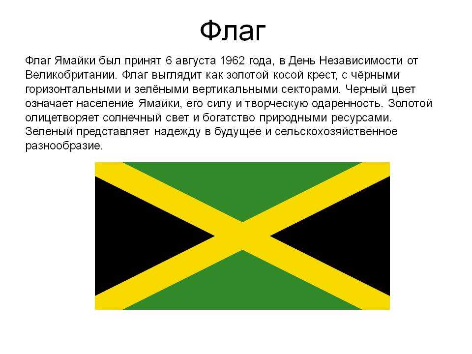 На этой странице Вы можете ознакомится с флагом Ямайки, посмотреть его фото и описание