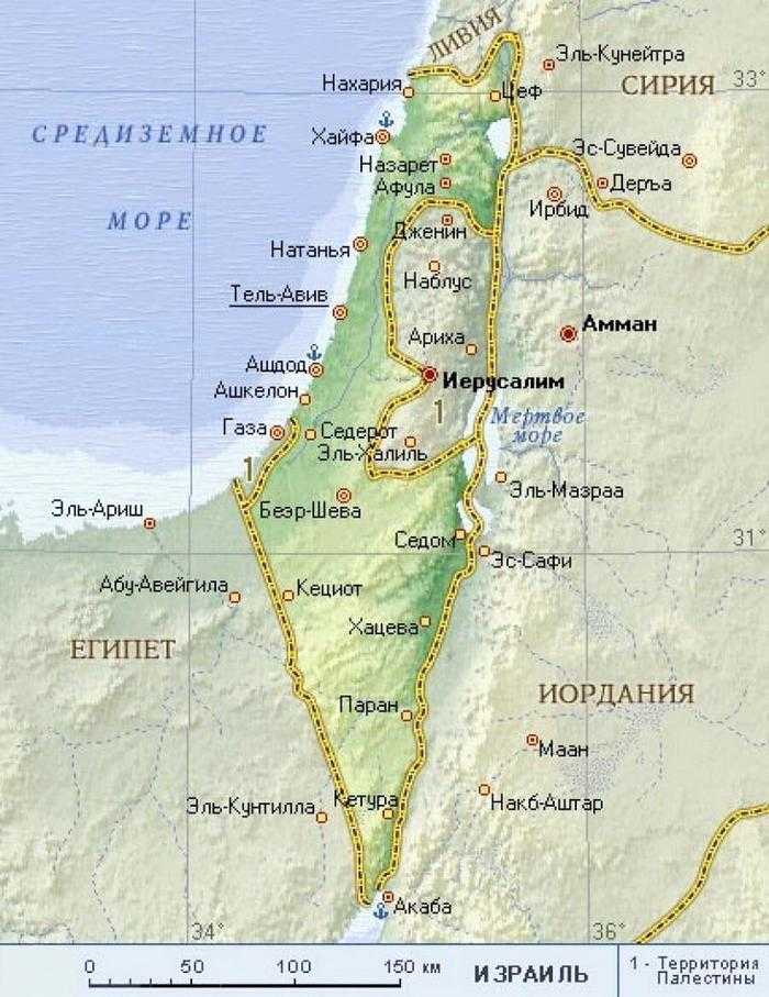 Подробная карта Израиля с отмеченными городами и достопримечательностями страны. Географическая карта. Израиль со спутника